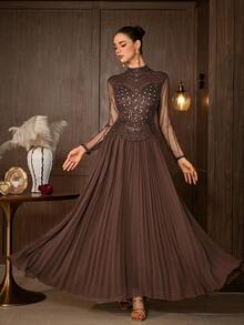 Elegant Women's Long Sleeve Stand Collar Rhinestone Pleated Maxi Dress, Suitable For Formal Evening Banquets And Balls - Coffee Brown - View 7