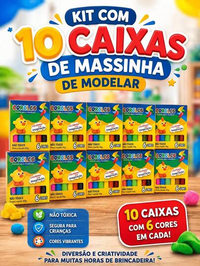 Kit 10 Caixas de Massinha de Modelar Colorida para Atividades Criativas e Brincadeiras