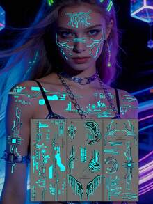 3Sheets Large Luminous Sci-Fi Machinery Design Temporary Tattoo Stickers For Men Women,Waterproof Female Robot Cyberpunk Futuristic Mechanical Line Pattern Glow In Dark Temporary Tattoos Cosplay Mech Party Body Decoration Stickers,Halloween Costume - Multicolor - View 2
