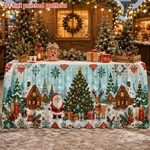 1pc Polyester Printed Tablecloth Table Skirt With Santa Claus, Reindeer, Snow House, Christmas Tree, Gift Box, Candle, Pine Cone, Snowflake Pattern, Suitable For Holiday Dinner, Farmhouse Banquet, Cafe, Home Dining, Christmas Winter Party Decoration - A - View 5