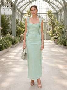 Ellow| Women's Elegant Yellow Sequin Mesh Ruffle Trim Bodycon Maxi Dress - 淺綠色 - 查看 12