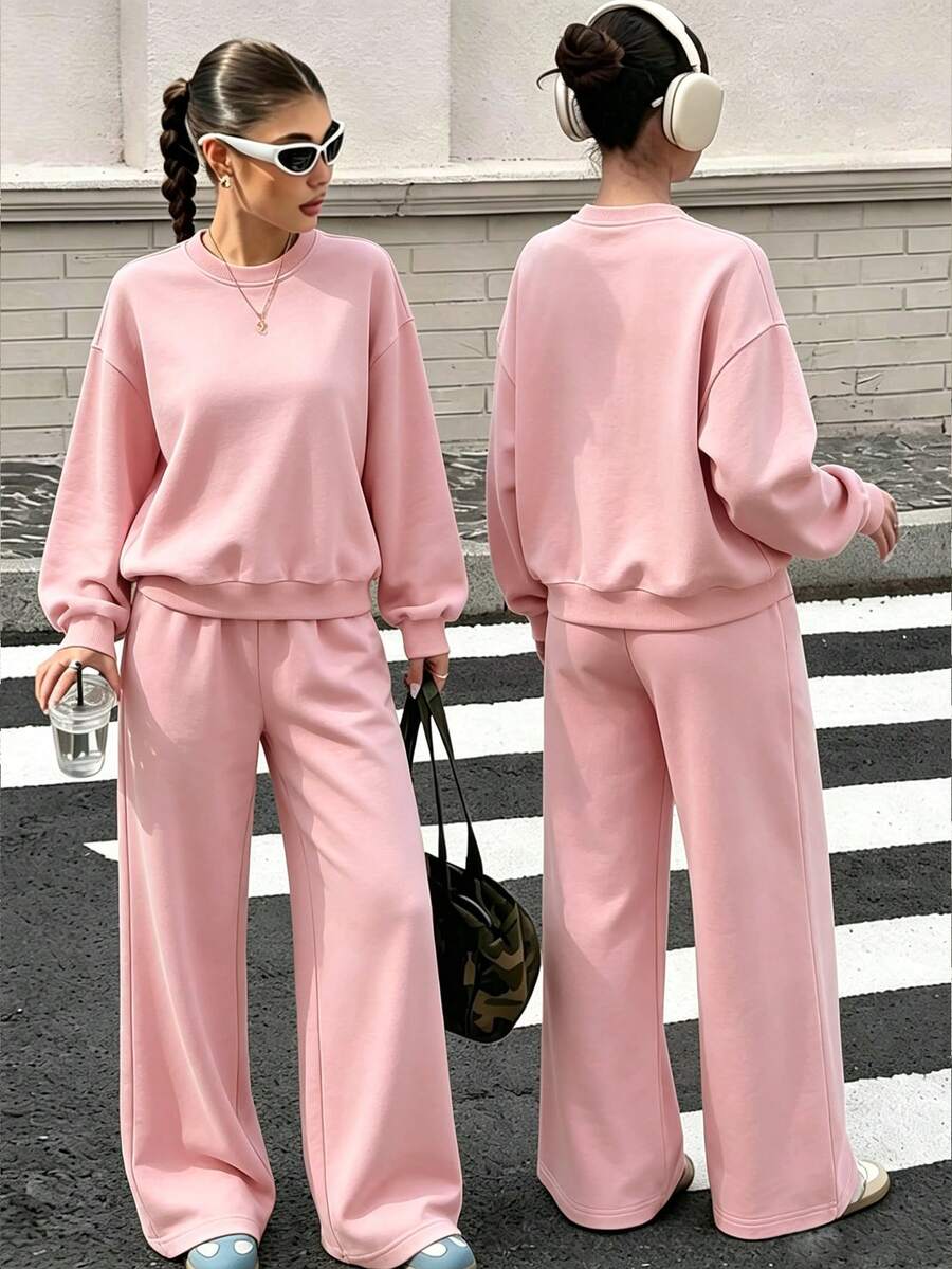 2pcs Set Oversized Crew Neck Sweatshirt And Wide Leg Pants Outfit For Teenage Girls, Solid Color Drop Shoulder Crew Neck Long Sleeve Sweatshirt + Loose Wide Leg Pants Set, Suitable For Autumn/Winter Daily Wear - Pink - View 1