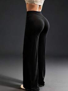 Solid Color High Waist Casual Straight Leg Stretch Pants - Black - View 1