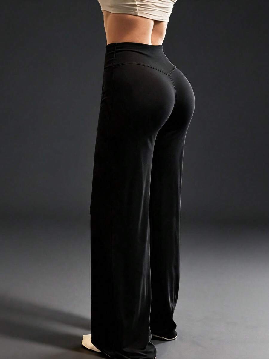Solid Color High Waist Casual Straight Leg Stretch Pants - Black - View 1