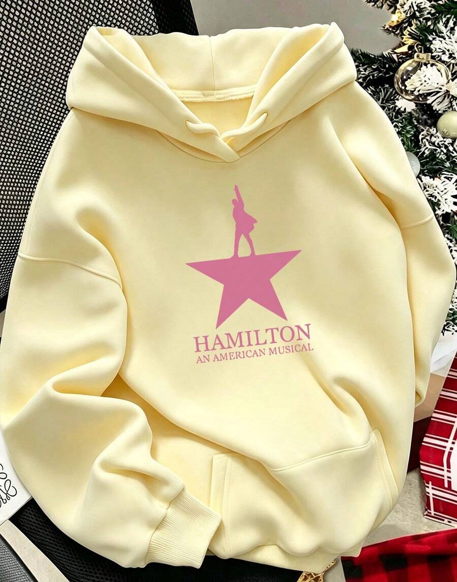 Women'S Y2K Style Hamilton Musical Inspired Hooded Sweatshirt - Official Musical Graphic Print, Cozy Fleece Pullover With Star & Hamilton Lettering - 杏色 - 查看 1