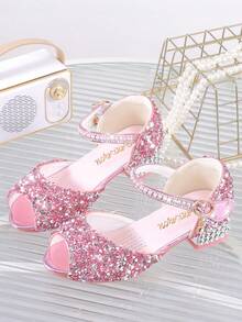 1 Pair Girls Princess Crystal Peep Toe Closed Back Sandals, New Summer Korean Style Sequin Rhinestone Pink Dress Shoes For Kids - Pink - View 2