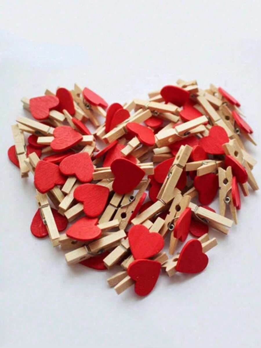 Red Heart Clips, Heart Wooden Clothes Photo Paper Clip Pins Mini Clothespins Postcard Clips Home Wedding Decoration Stationery Decoration - A - View 1