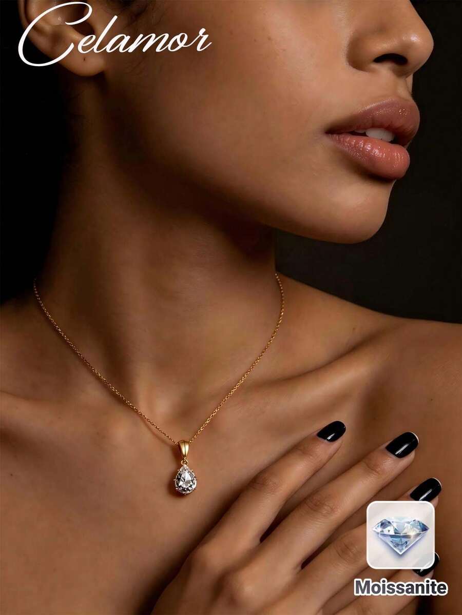 1pc S925 Sterling Silver 4.5T Moissanite Teardrop Pendant Necklace For Women, Suitable For Wedding Season, Mother's Day, Graduation, Vacation, Banquet, Party Gift - Gold - View 1