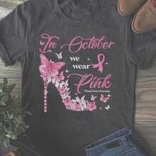 In October We Wear Pink Butterflies Breast Cancer Awareness, Breast Cancer,Cancer Shirt, Cancer T Shirt, Cancer Survivor, Breast Cancer Gift - Black - View 1