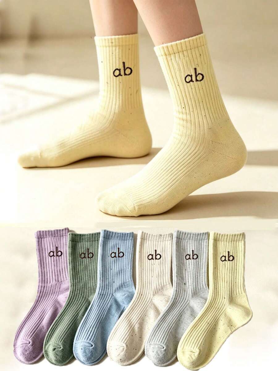 1/5 Pairs Women's Letter Pattern Mid-Calf Sports Socks, Quick-Drying Comfortable Breathable Sweat-Absorbing Casual Socks, Short Socks, Long Socks, Suitable For Daily Wear, Party, Sports, Preppy Style, All Seasons, Random Color - Multicolor - View 1