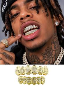 2件組金色牙套 Grillz，鑲鑽冰感嘻哈牙飾，亮金牙套時尚配件，適合男女派對佩戴 - 彩色 - 查看 2