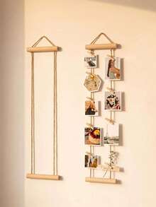 1 Conjunto Decoração de Parede de Fotos Estilo Boêmio em Madeira Natural, Suporte de Exibição de Fotos Sem Furos, Inclui 15 Clipes, Moldura de Fotos Vertical Rústica, Adequado para Quarto, Dormitório ou Apartamento, Presente Atencioso para Família e Amigos, Suporte de Exibição de Fotos Memorial para Casa - Multicolorido - Visão 4