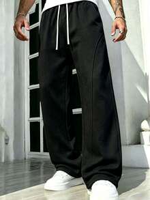 Solid Color Curved Split Wide Leg Sweatpants For Men, Drape Knit Fabric, Contrast White Double Drawstring, 3D Curved Stitching Tailoring, Loose Drape, Basic Loose Long Pants, Unisex - Black - View 4