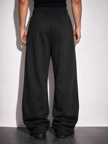 Solid Color Curved Split Wide Leg Sweatpants For Men, Drape Knit Fabric, Contrast White Double Drawstring, 3D Curved Stitching Tailoring, Loose Drape, Basic Loose Long Pants, Unisex - Black - View 6