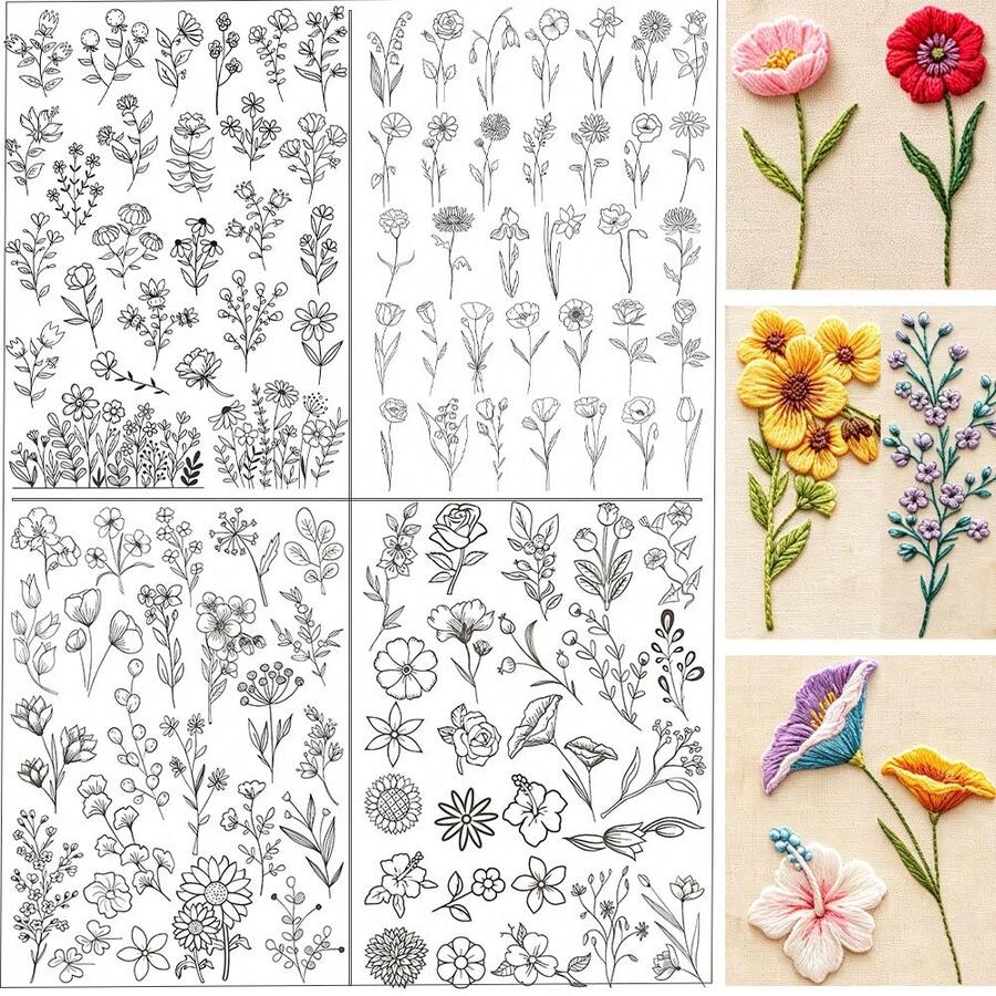 Floral Plant Water-Soluble Embroidery Pattern, Dissolvable Non-Woven Fabric Pre-Printed Embroidery Sticker, Self-Adhesive Non-Woven Fabric Pre-Printed Embroidery Pattern