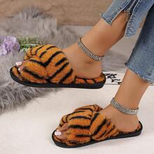Women's Brown Cross Strap Plush Warm Slippers, Winter Fashion Cute New Hot-Selling Fuzzy Indoor Home Slippers - Brown - View 3