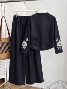 Setelan Anak Perempuan Lengan Panjang Motif Kupu-kupu & Bunga, Atasan Pinggang Berkerut Samping & Celana Panjang Lebar, 2 Potong, Musim Semi/Gugur - Hitam - View 4