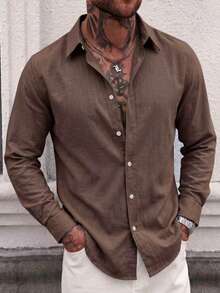 Men's Solid Color Casual Versatile Daily Wear Long Sleeve Shirt - Brown - View 4