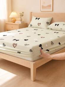 1 Stück Khaki Herz- & Schleifenmuster Spannbetttuch, Matratzenschoner, weich & atmungsaktiv, passend für Twin, Full, Queen & King Size Betten, tiefe Tasche bis zu 11,8 Zoll, geeignet für Zuhause, Wohnheim, Schulanfang Bettwäsche - Pastellgrün - Übersicht 4