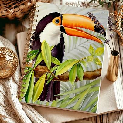 1PC Tropical Toucan Art A5 Spiral Notebook, Black Spiral Binding, Suitable For Students' Classroom Notes And Office Meeting Minutes, Portable Plan Book And Diary, Suitable For Professionals, Students And Office Use, Creative Gift Choice
