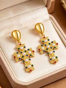 1pair Y2K Colorful Cubic Zirconia Chunky Cross Shape Pendant Earrings For Women,Luxury Vintage Earring Jewelry For Wedding/Vacation/Christmas Day - Large Cross Earrings - View 6