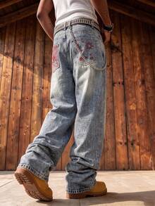 Men's Vintage Washed Wide Leg Jeans With 3D Split Seams, Red Star Swirl Embroidery On Back Pockets, Loose Straight Leg Casual Versatile Long Pants - Blue - View 3