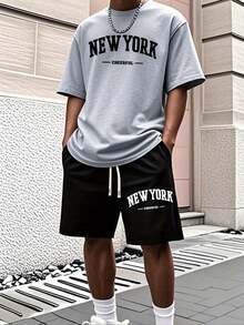 Men'S New York Casual Short Sleeve Black With White Lettering Casual Style| Comfortable Fit, PLUS SIZE  Men's Casual Outfit, Cotton Sportswear Set - 淺灰色 - 查看 14