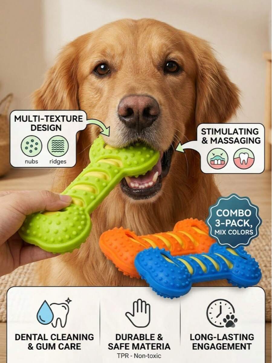 Durable Squeaky Rubber Bone Chew Toy For Dogs, Teeth Cleaning Toy For Small, Medium And Large Dogs, Boredom Relief Pet Toy