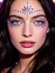 2 Peças Adesivos de Strass para Rosto Estilo Fada Sereia Y2K que Brilham no Escuro, Cristais Faciais Iridescentes Brilhantes na Noite Preta, Joias Faciais Autoadesivas e à Prova d'Água, Adequadas para Carnaval, Festival EDM, Halloween, Maquiagem de Festa em Boate - Multicolorido - Visão 3