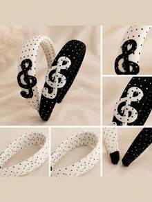 1pc Polka Dot Music Note Headband, Black & White High Note Staff With Star Rhinestone Hairband, Sweet & Sexy Style - Multicolor - View 6