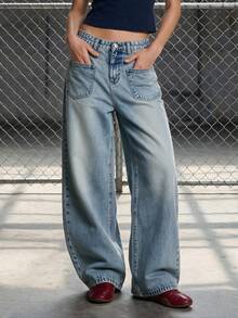 Men's Loose Wide Leg Straight Jeans With Front Pockets And Double Patch Pockets, Vintage Light Blue Washed Denim Long Pants - Light Wash - View 1
