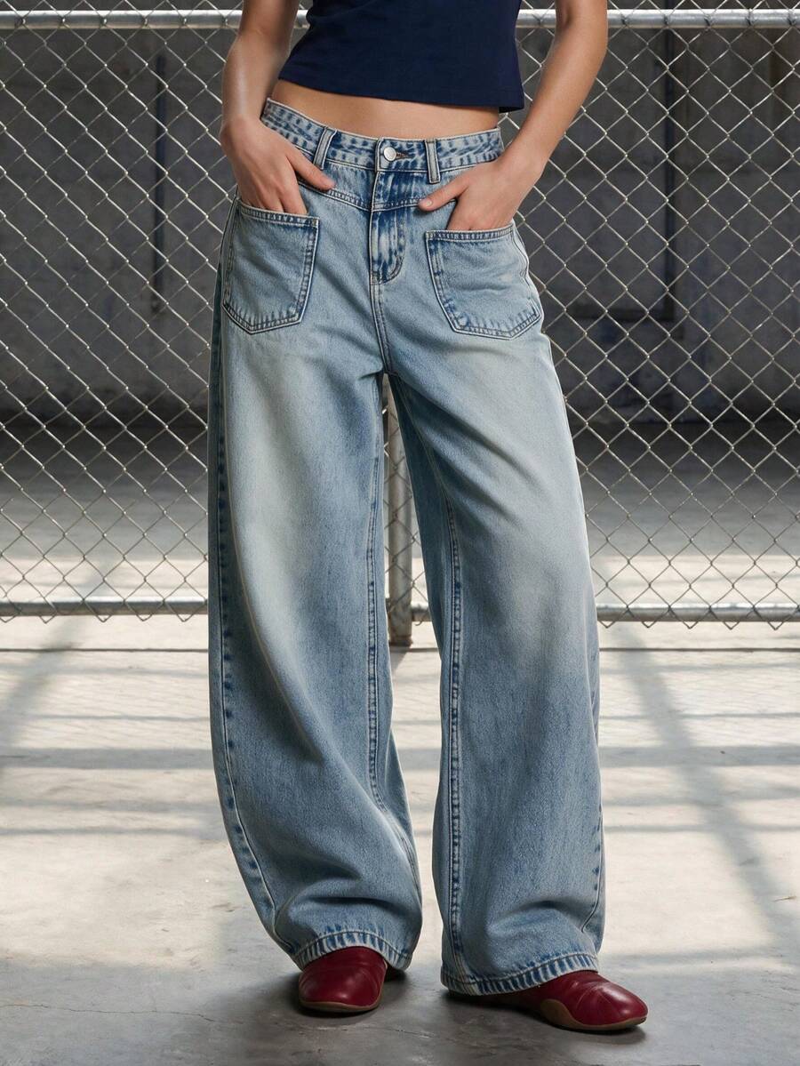 Men's Loose Wide Leg Straight Jeans With Front Pockets And Double Patch Pockets, Vintage Light Blue Washed Denim Long Pants - Light Wash - View 1