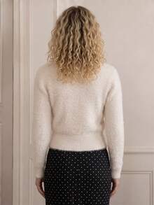 Wrap Cross V Neck Fuzzy Ribbed Waist Cropped Knit Sweater - Apricot - View 2
