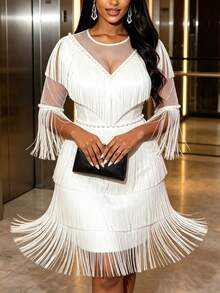 Women's Tassel Design Cocktail Party Dress - White - View 3