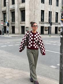 Joy Knit Women's Sweater Autumn/Winter Fashion New Style - Basic Tops - Simple Casual Fashion Versatile - Checkered Round Neck Button Sweet Fall - Burgundy - View 3