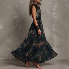 Boho Women Dark Green Floral Maxi Dress, Lace Trim V‑Neck Flutter Sleeve Waist Cinched Chiffon Long Dress For Beach Vacation Party Outfits - Navy Blue - View 4