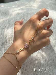 1pc Gold Stainless Steel Purple Flower Green Leaf Finger Bracelet - Gold - View 4