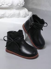 1 Pair 1-3 Years Old Toddler Girls Bow Side Zipper Ankle Boots, Classic Fashion Non-Slip Flat Walking Shoes, Children's Short Boots Suitable For Spring, Autumn, Winter - Black - View 9