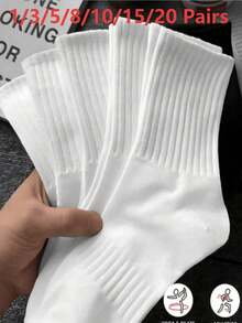 1/3/5/8/10/15/20 Pairs Solid Color Casual Couple Sports Yoga Ribbed Mid-Calf Socks, All Season, Autumn - White - View 5
