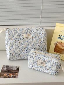 1pc/3pcs Light Blue Quilted Makeup Bag Set With Floral Pattern, Suitable For Travel; Zippered Storage Bag With Rope Texture Design For Organizing Cosmetics; Mini Pen Case With Fresh Soft Floral Pattern Design, Specially Designed For Girls, Suitable For Daily Makeup, Skincare, Travel And Stationery Storage - Multicolor - View 7