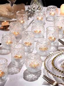 12pcs Vintage Transparent Glass Tea Candle Holders, For Wedding Table Decor, Bridal Shower Decor, Bohemian Tea Party Decor And Wedding Party Guest Favors - Transparent - View 10