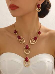 2pcs/Set French Luxury Burgundy Asymmetric Faux Pearl Women's Jewelry Set, Vintage Bohemian Exaggerated Metal Style, Water Drop Oval Double Ring Layered Design Y-Shaped Necklace And Earrings, Evening Dress Accessories, Celebration Holiday Christmas Gift Lightweight Luxury - Red - View 5