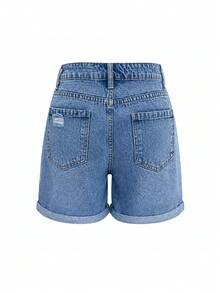 Women's Solid Color Casual Loose Cuffed Denim Shorts, Versatile Daily Wear Summer - Medium Wash - View 7
