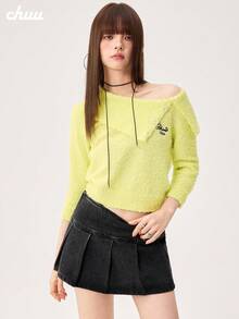 CHUU 女款字母刺繡不對稱領口針織毛衣 春秋韓系甜酷性感露肩長袖套頭衫 - 黃色 - 查看 1