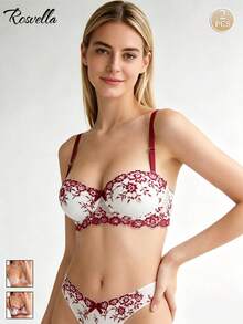 2pcs Women's Underwire Bra With Floral Pattern Patchwork, Casual Versatile Mature Charm Elastic Lingerie, Sexy Camisole Backless Supportive Lift Up Bra - Multicolor - View 2