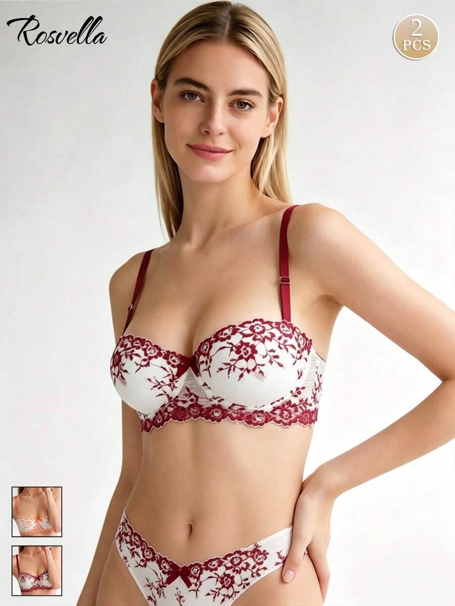 2pcs Women's Underwire Bra With Floral Pattern Patchwork, Casual Versatile Mature Charm Elastic Lingerie, Sexy Camisole Backless Supportive Lift Up Bra