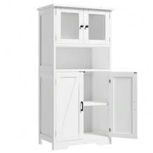 Armario recibidor alto independiente de madera con puertas de transparente y estantes ajustables, mueble despensa para cocina/baño/salón, estilo rústico moderno, 60x30x128 cm - Blanco - Ver 4