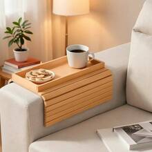1pc Foldable Bamboo Armrest Tray, Suitable For Sofa, No Assembly Required. Equipped With Non-Slip Cup Holder And Non-Slip Pad On The Back, Suitable For Living Room, Bedroom And Office Use, Can Hold Phone, Snacks And Remote Control. - Multicolor - View 9