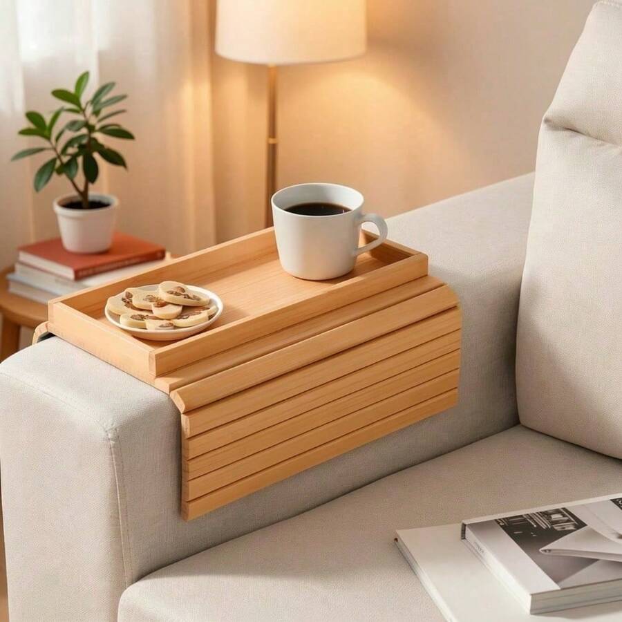 1pc Foldable Bamboo Armrest Tray, Suitable For Sofa, No Assembly Required. Equipped With Non-Slip Cup Holder And Non-Slip Pad On The Back, Suitable For Living Room, Bedroom And Office Use, Can Hold Phone, Snacks And Remote Control.