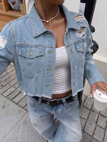 Women's Light Wash Short Denim Shacket, Distressed Detail, Long Sleeve Shirt Collar, Non-Stretch, Grunge Style - Light Wash - View 3
